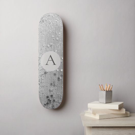 Monogram Zilver Stardust Glitter op Silver Burlap Persoonlijk Skateboard (Muurkunst)