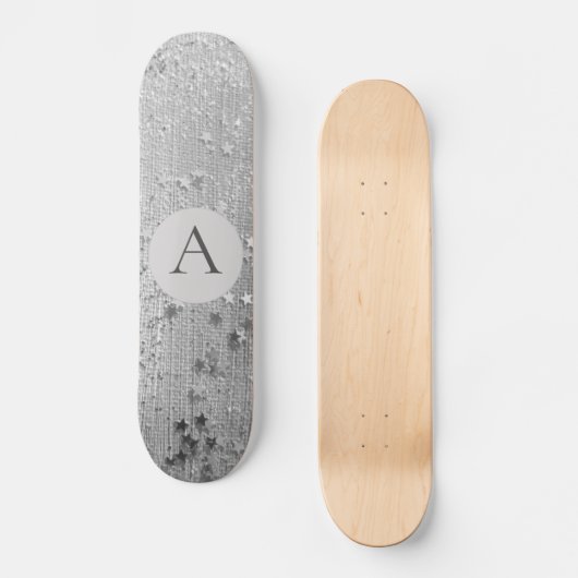 Monogram Zilver Stardust Glitter op Silver Burlap Persoonlijk Skateboard (Voorkant)