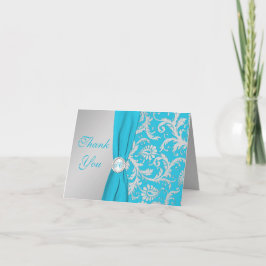 Monogram Zilver, Turquoise Damask Dank u kaart