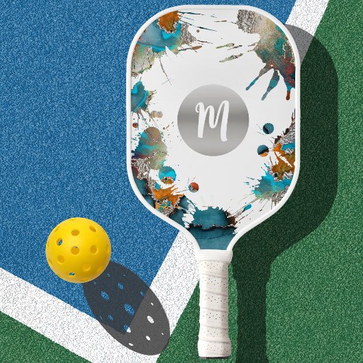Monogram Zilver Turquoise Oranje Abstract Spatten Pickleball Paddle