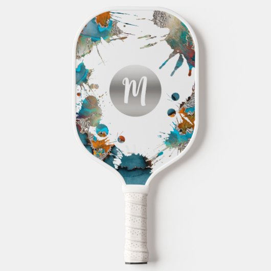 Monogram Zilver Turquoise Sinaasappel Abstract Spl Pickleball Paddle (Voorkant)
