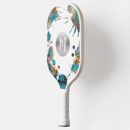 Monogram Zilver Turquoise Sinaasappel Abstract Spl Pickleball Paddle (Links)