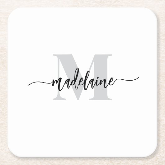 Monogram zilver wit zwart persoonlijk kartonnen onderzetters (Voorkant)