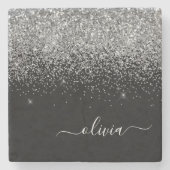 Monogram Zilver Zwart Glitter Script Girly Naam Stenen Onderzetter (Voorkant)
