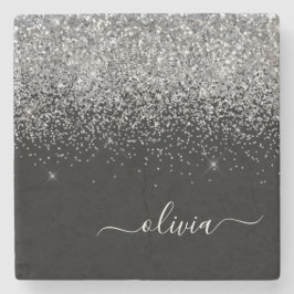 Monogram Zilver Zwart Glitter Script Girly Naam Stenen Onderzetter