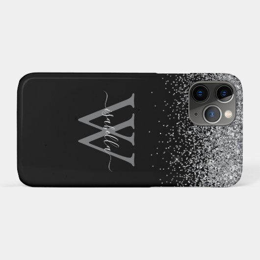 Monogram Zilver Zwarte Glitter Elegante Script Case-Mate iPhone Case (Achterkant (horizontaal))