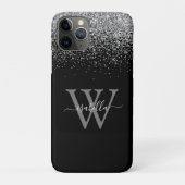 Monogram Zilver Zwarte Glitter Elegante Script Case-Mate iPhone Case (Achterkant)
