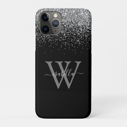 Monogram Zilver Zwarte Glitter Elegante Script Case-Mate iPhone Case (Achterkant)