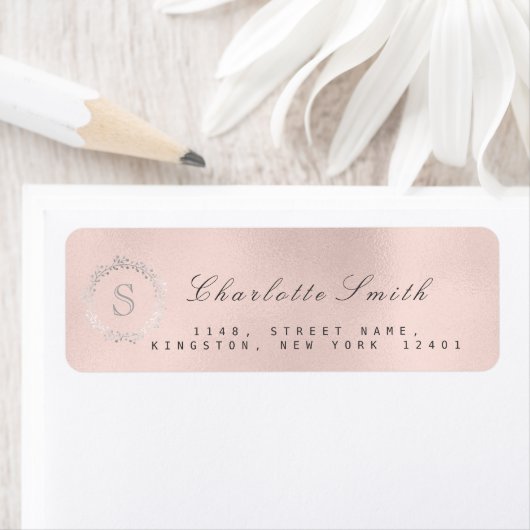 Monogram Zilveren Blush Roze Retouradres RSVP 16t Etiket (Insitu)