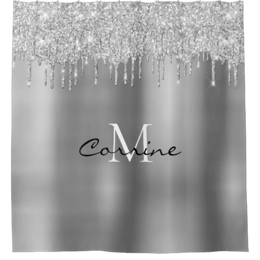 Monogram zilveren druppelaar Glitter Metallic Plat Douchegordijn (Voorkant)