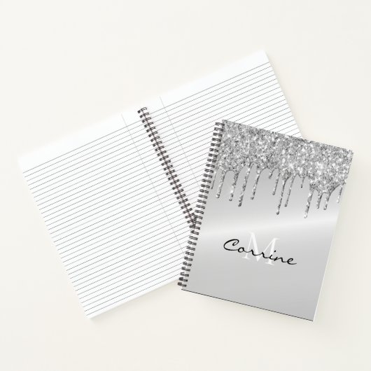 Monogram zilveren druppelaar Glitter Metallic Plat Notitieboek (Binnen)