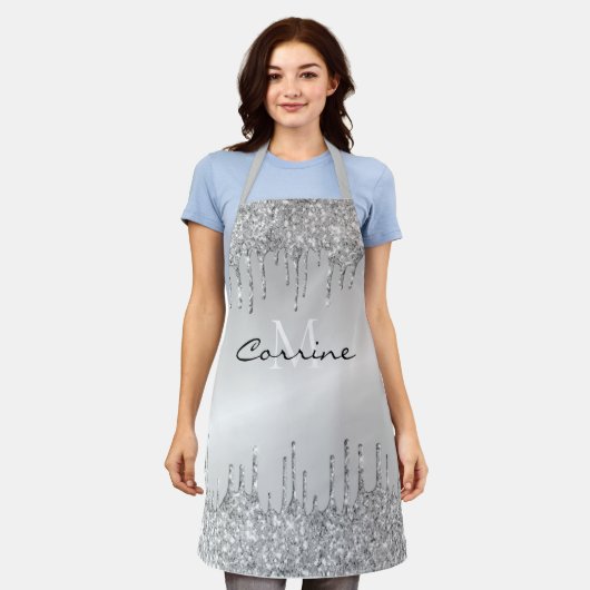 Monogram zilveren druppelaar Glitter Metallic Plat Schort (Gedragen)