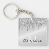 Monogram zilveren druppelaar Glitter Metallic Plat Sleutelhanger (Voorkant)