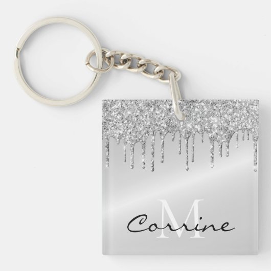 Monogram zilveren druppelaar Glitter Metallic Plat Sleutelhanger (Voorkant)