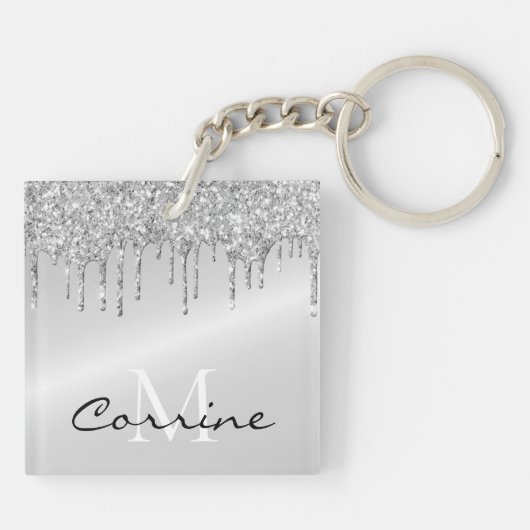 Monogram zilveren druppelaar Glitter Metallic Plat Sleutelhanger (Achterkant)
