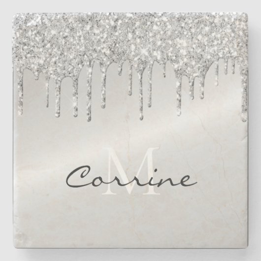 Monogram zilveren druppelaar Glitter Metallic Plat Stenen Onderzetter (Voorkant)