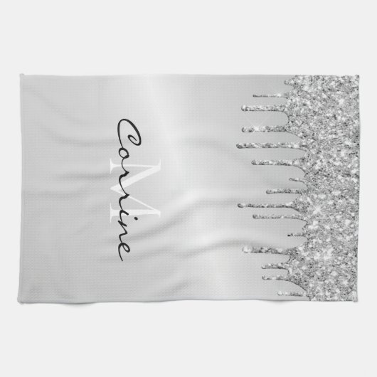 Monogram zilveren druppelaar Glitter Metallic Plat Theedoek (Horizontaal)