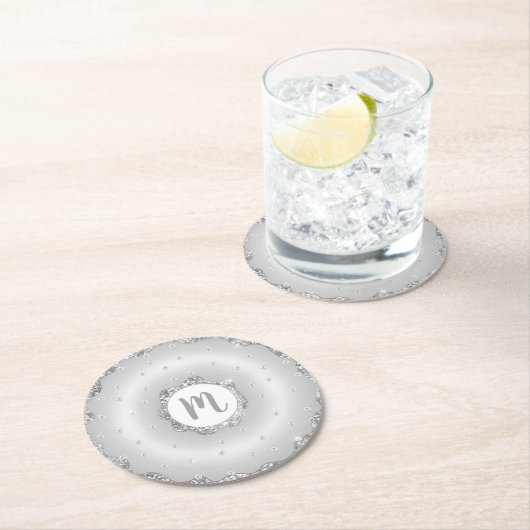 Monogram zilveren glitter donut chic script girly ronde kartonnen onderzetter (Insitu)