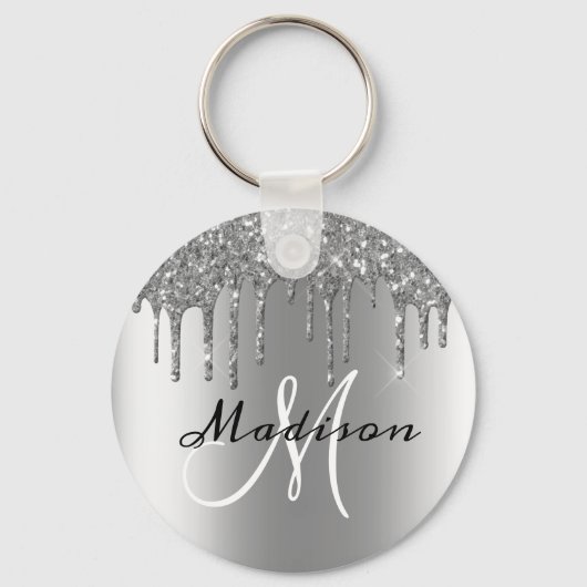 Monogram Zilveren Glitter Drijft Sparkle Sleutelhanger (Voorkant)