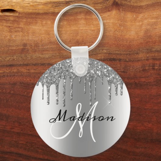 Monogram Zilveren Glitter Drijft Sparkle Sleutelhanger (Voorkant)