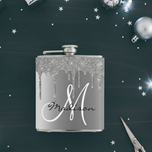 Monogram zilveren glitter druppels Girly Heupfles