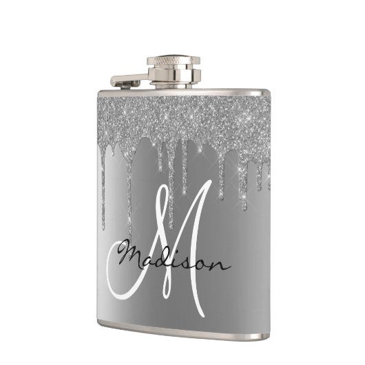 Monogram zilveren glitter druppels Girly Heupfles (Links)