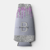 Monogram zilveren glitter paarse naam flesjeskoeler (Voorkant)