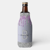 Monogram zilveren glitter paarse naam flesjeskoeler (Fles Voorkant)