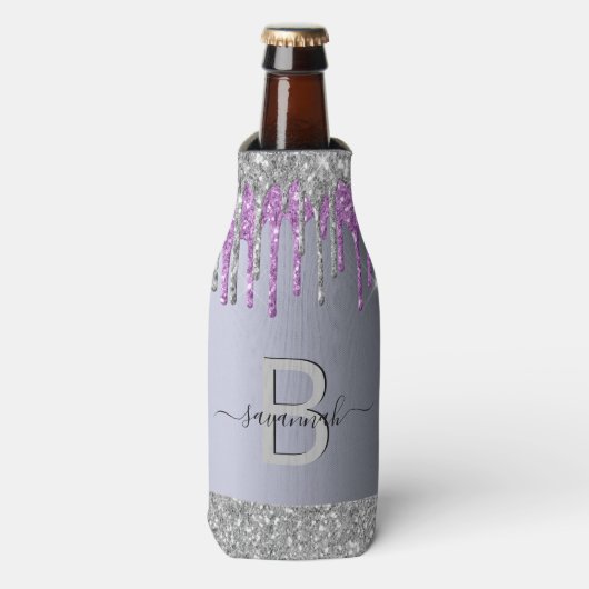 Monogram zilveren glitter paarse naam flesjeskoeler (Fles Voorkant)