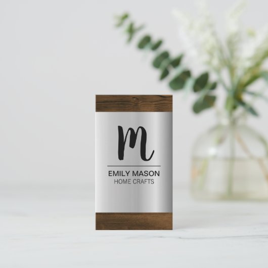 Monogram | Zilveren metalen houtnerf-afwerking Visitekaartje (Staand voorkant)