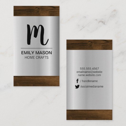 Monogram | Zilveren metalen houtnerf-afwerking Visitekaartje (Voorkant / Achterkant)