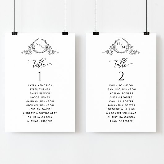 Monogram zitplaatskaartjes met gastnamen
