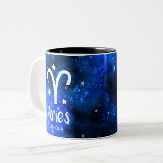 Monogram, Zodiac Aries-teken, Blue Galaxy Tweekleurige Koffiemok (Voorkant links)