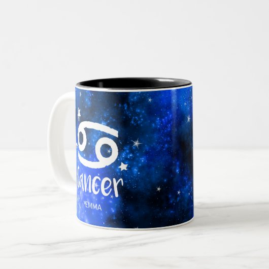 Monogram, Zodiac Cancer-teken, Blue Galaxy Tweekleurige Koffiemok (Voorkant links)