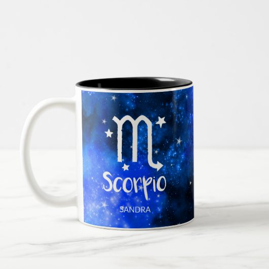 Monogram, Zodiac Scorpio-teken, Blue Galaxy Tweekleurige Koffiemok (Links)