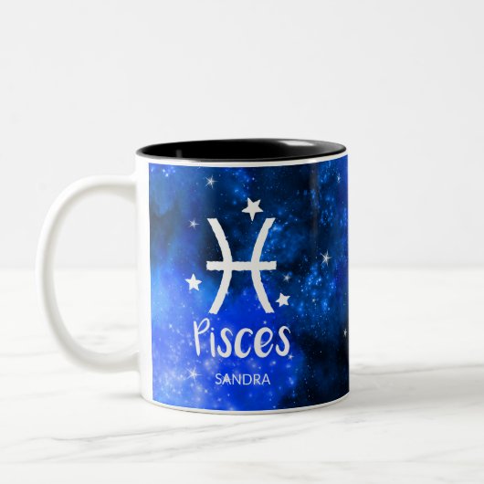 Monogram, Zodiac-teken, Pisces met Blauwe Melkweg Tweekleurige Koffiemok (Links)