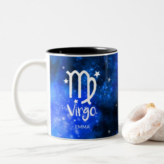 Monogram, Zodiac Virgo-teken, Blue Galaxy Tweekleurige Koffiemok (Met donut)