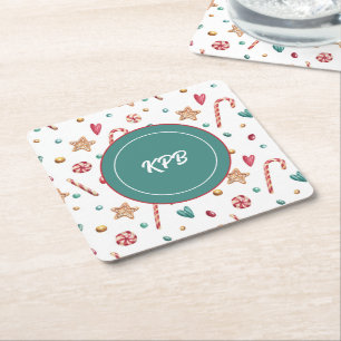 Monogram Zoete Snoep Patroon Vierkante Papieren On Kartonnen Onderzetters