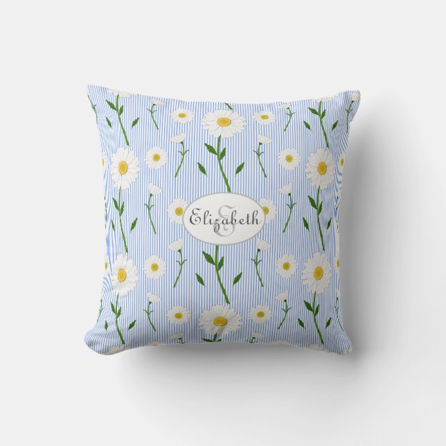 Monogram Zomer Daisy Bloem Patroon Blauwe Streep Kussen (Voorkant)