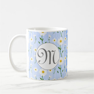 Monogram Zomer Madeliefje Bloemmotief Blauwe Stree Koffiemok