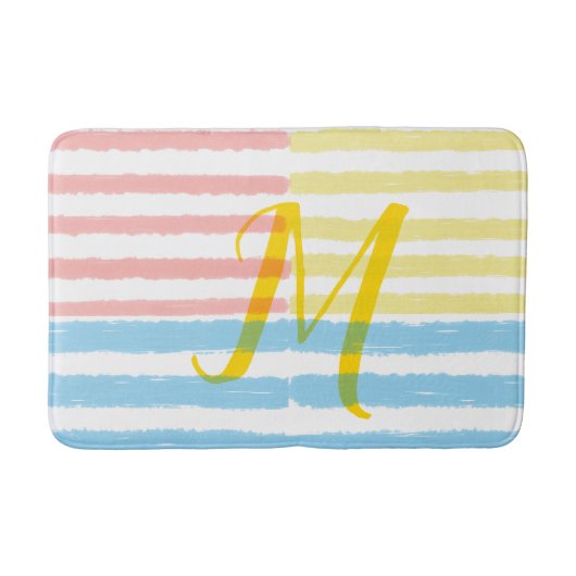 Monogram Zomer Roze Blauw Gele Strepen Badmat (Voorkant)