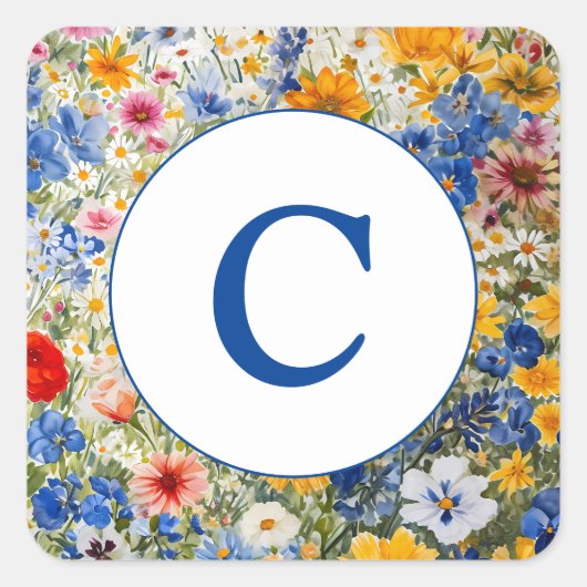 Monogram Zomer Wildbloemen Waterverf Vierkante Sticker (Voorkant)