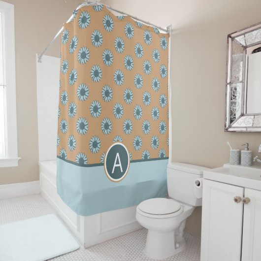 Monogram Zonnebloem Blauwe bloemen Douchegordijn (In situ)