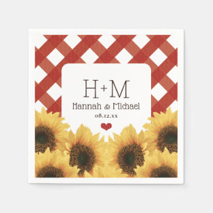 Monogram Zonnebloem en Rode Gingham Bruiloft Servet