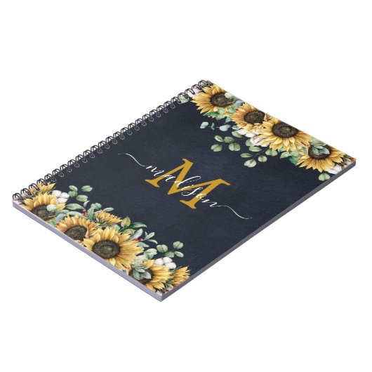 Monogram Zonnebloem Eucalyptus Bloemen Zwart Recep Notitieboek (Linkerzijde)