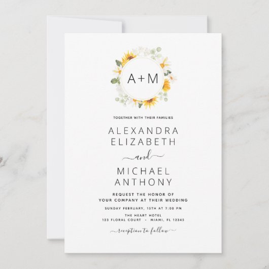Monogram Zonnebloem Eucalyptus Greenery Wedding Kaart (Voorkant)