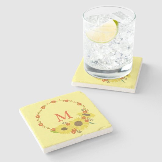 Monogram Zonnebloem ontwerp Stenen Onderzetter (Zijkant)