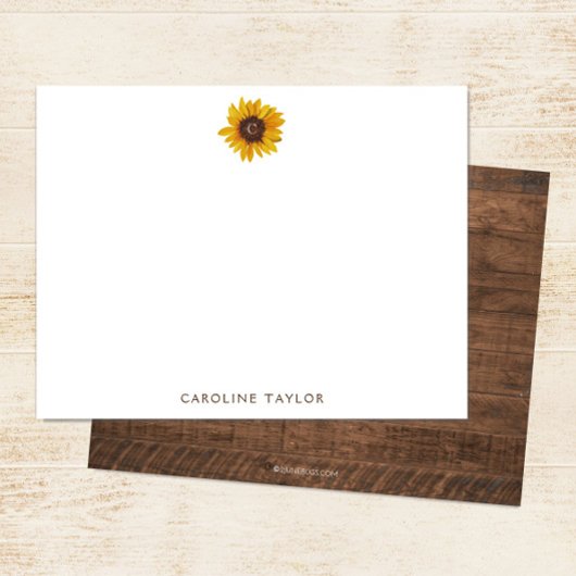 Monogram Zonnebloem Rustiek Donker Hout Gepersonal Notitiekaartje