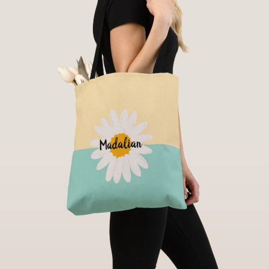 Monogram zonnebloem schattig kleurblok blauw Beige Tote Bag (Dichtbij)