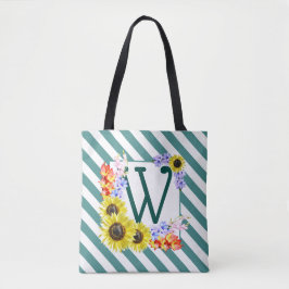 Monogram Zonnebloemen Blauwgroen strips Tote Bag